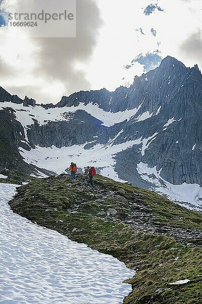 Schneefeld  Wanderer vor schneebedeckten Berggipfeln  Aufstieg zum Schönbichler Horn  Furtschaglspitze und Großer Möseler  Gletscher Furtschaglkees  Berliner Höhenweg  Zillertaler Alpen  Zillertal  Tirol  Österreich  Europa