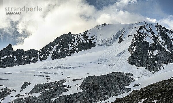 Schneebdeckter Berggipfel  Gletscher Waxeggkees  hochalpine Landschaft  Zillertaler Alpen  Zillertal  Tirol  Österreich  Europa