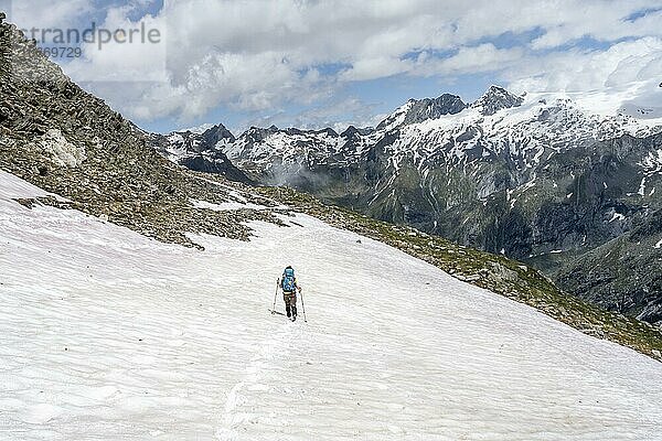 Wanderer auf dem Abstieg vom Schönbichler Horn zur Berliner Hütte  Schneefeld  Berliner Höhenweg  Zillertaler Alpen  Zillertal  Tirol  Österreich  Europa