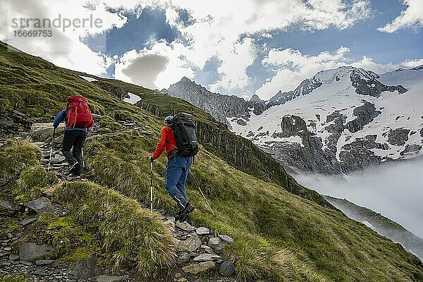 Wanderer vor schneebedeckten Berggipfeln  Furtschaglspitze und Großer Möseler  Aufstieg zum Schönbichler Horn  Gletscher Furtschaglkees  Berliner Höhenweg  Zillertaler Alpen  Zillertal  Tirol  Österreich  Europa