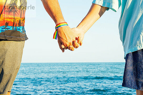 Zwei verliebte Männer halten sich am Strand an den Händen. Archivfoto.