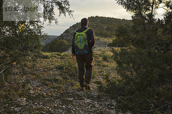 Mann  der bei Sonnenuntergang in einem von Bäumen umgebenen Berg spazieren geht