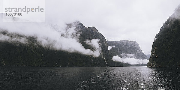 Panoramablick auf den Milford Sound Fjord bei nebligem Wetter  NZ