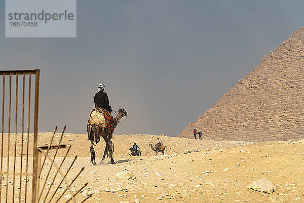 Männer reiten auf Kamelen  während andere durch die Pyramiden von Gizeh laufen