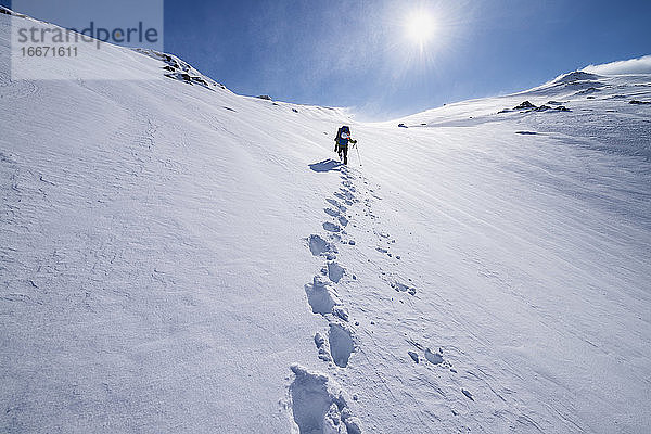 Wanderin auf dem Weg zum Gipfel des Mengensdalstind bei tiefem Schnee und starkem Wind  Moskenesøy  Lofoten Inseln  Norwegen