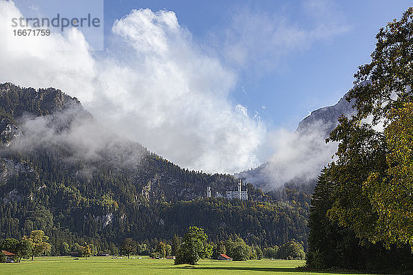 Schloss Neuschwanstein liegt an einem sonnigen Herbsttag in den Wolken