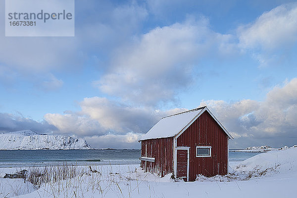 Rotes Bootshaus am Strand von Ramberg  Flakstadøy  Lofoten-Inseln  Norwegen