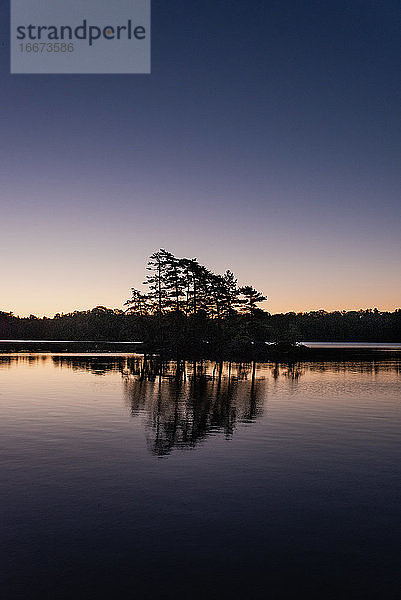 Silhouette von Bäumen auf einer Insel in einem See in Ontario bei Sonnenaufgang.