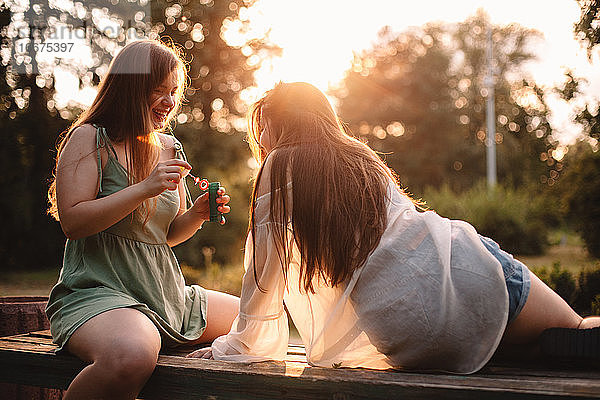 Glückliches lesbisches Paar spielt mit Seifenblasen und entspannt sich im Park