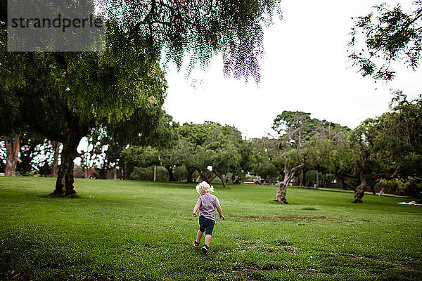 Zweijähriges Kind läuft mit dem Rücken zur Kamera durch den Park