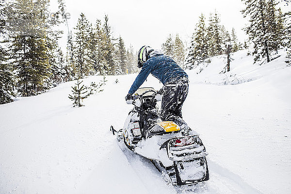 Rückansicht eines Mannes  der bei winterlichem Wetter mit dem Motorschlitten fährt.