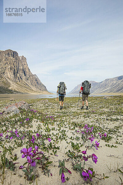 Rückansicht von zwei Rucksacktouristen beim Überqueren des Akshayak-Passes  Kanada.