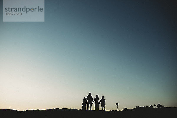 Silhouette der Familie gegen den blaugrünen Himmel