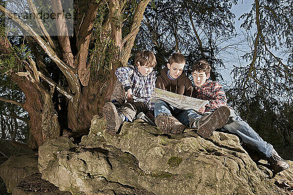 drei Jungen lesen auf einem Felsen eine Karte