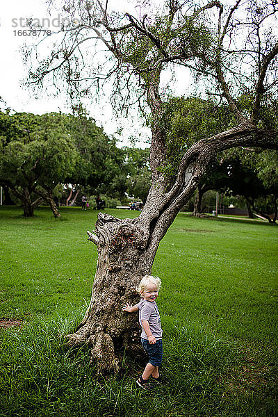 Zwei Jahre alt lächelnd für die Kamera stehend neben einem Baum im Park