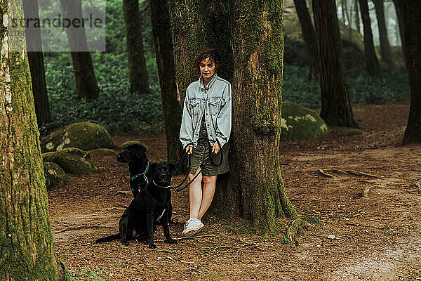 Frau mit zwei Hunden im Wald an einen moosbewachsenen Baum gelehnt