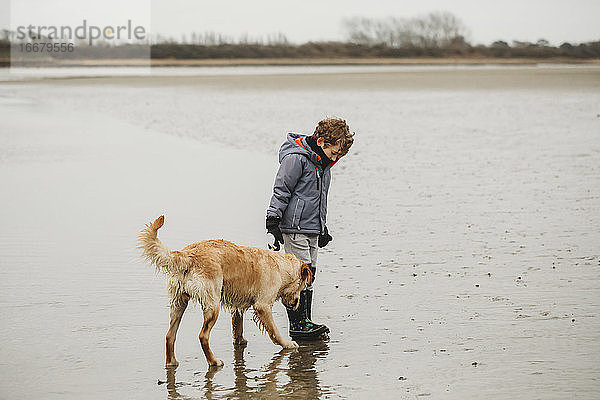 Niedlicher Junge und Golden Retriever Labrador Hund am Strand