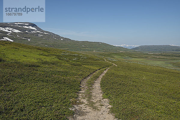 Einspuriger Weg des Padjelantaleden-Trails durch Hochgebirgsgelände nördlich von Duottar im Padjelanta-Nationalpark  Lappland  Schweden