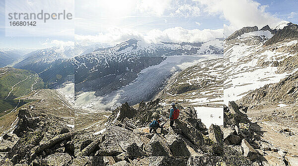 Bergsteiger beim Abstieg zum Rhonegletscher  Wallis  Schweiz