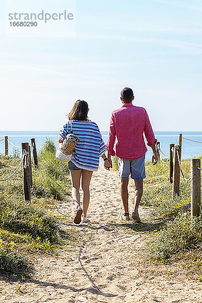 Rückenansicht eines jungen Paares  das händchenhaltend zum Strand geht