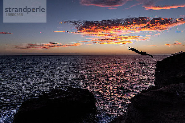 Klippenspringer über dem Meer bei Sonnenuntergang in Hawaii