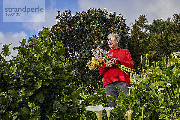 Ältere Frau hält Blumenstrauß mit frischen Schnittblumen in ihrem Garten