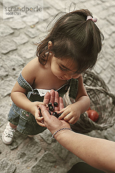 Ein kleines Mädchen isst Weintrauben aus der Hand seiner Mutter