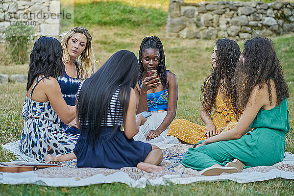 Gruppe von Freundinnen in einem Park  die auf ihr Smartphone schauen