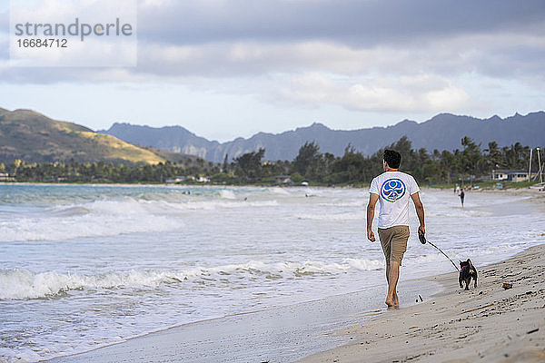 Mann geht mit seinem Hund am Strand in Kailua  Hawaii  spazieren