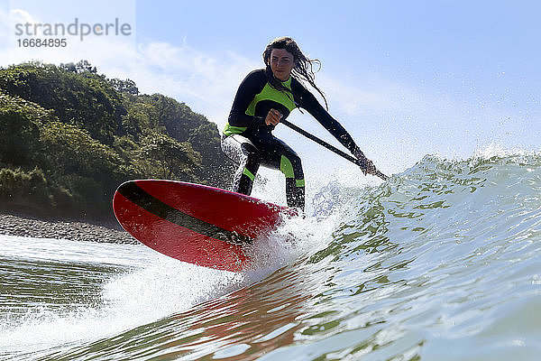 SUP-Surferin auf einer Welle