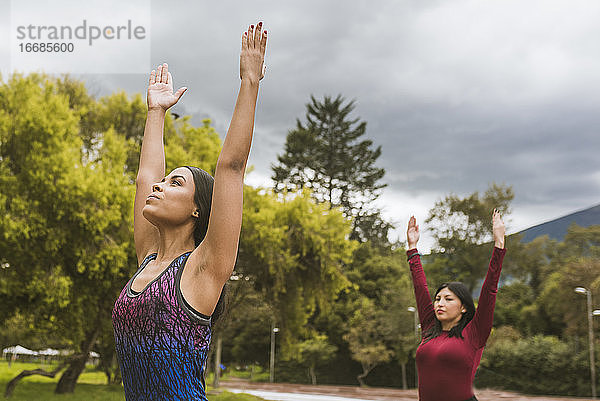 Zwei Frauen machen Yoga im Park