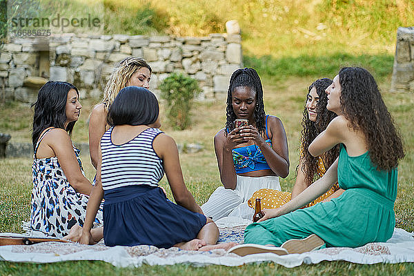 Gruppe von Freundinnen in einem Park  die auf ihr Smartphone schauen