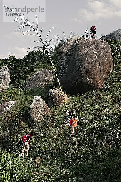 Natürliche Wanderung mit Erwachsenen und Kindern auf dem Gipfel eines Felsens