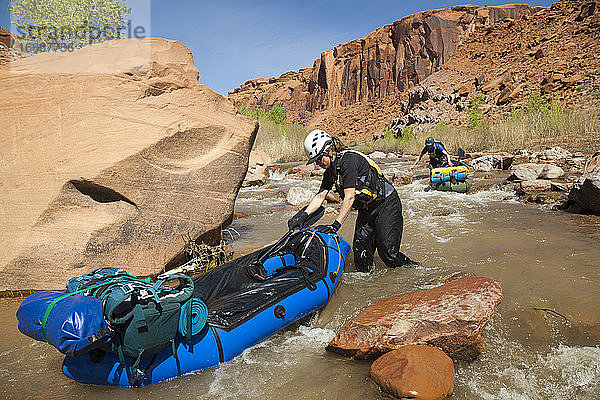 Menschen wandern mit ihren Packtieren durch den flachen Teil des Escalante River  Utah