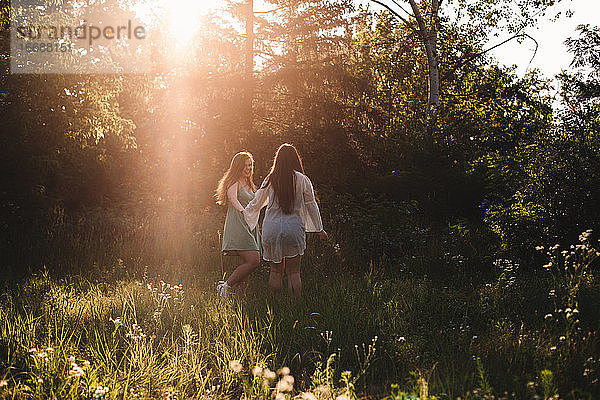 Zwei glückliche Freundinnen spazieren im Wald im Sommer