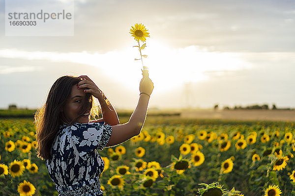 Junge attraktive brünette Frau posiert in ihrem Designerkleid in einem Sonnenblumenfeld
