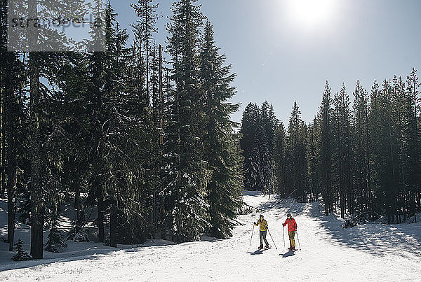 Zwei junge Frauen gehen an einem sonnigen Tag auf dem Mt. Hood Schneeschuhlaufen.