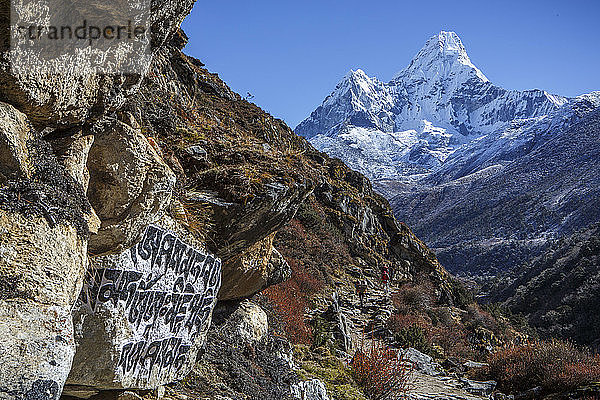 Buddhistische Schrift unterhalb des Gipfels der Ama Dablam auf dem Weg zum Everest.