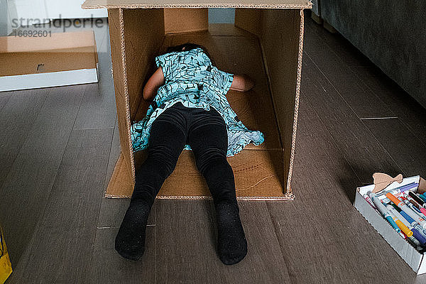 Kleines Mädchen schläft in einem großen Pappkarton