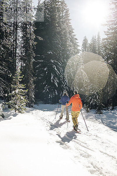 Zwei junge Frauen gehen an einem sonnigen Tag Schneeschuhe auf dem Mt. Hood.