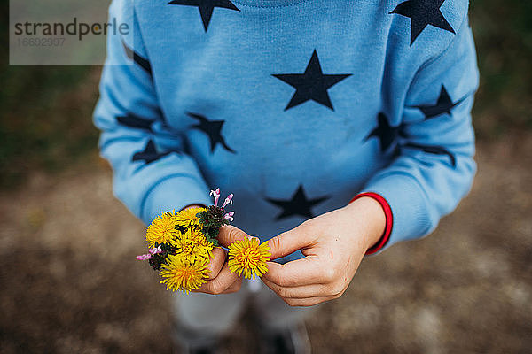 Nahaufnahme eines Jungen  der draußen an einem kalten Frühlingstag gelbe Blumen hält