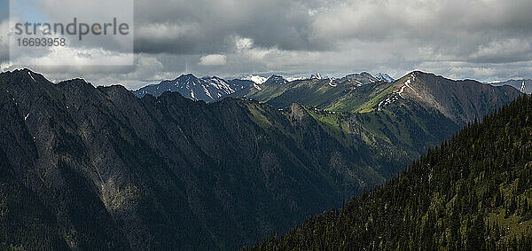 Panoramalandschaft einer Bergkette mit grünem Wald und schneebedeckten Gipfeln unter grauen Wolken im Sommer in British Columbia in Kanada