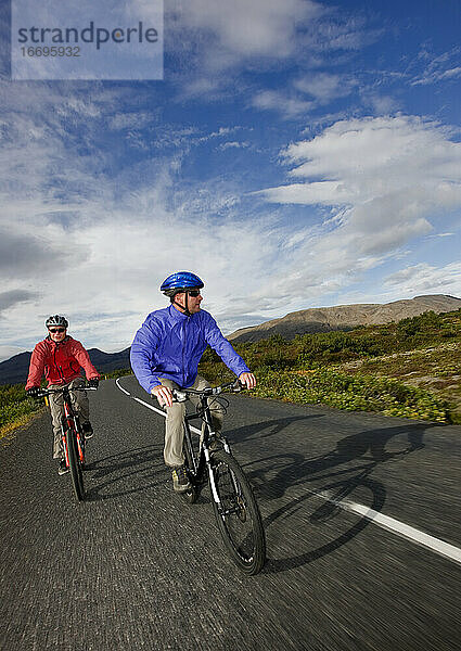 zwei Freunde fahren mit ihren Mountainbikes um den Thingvellir-See