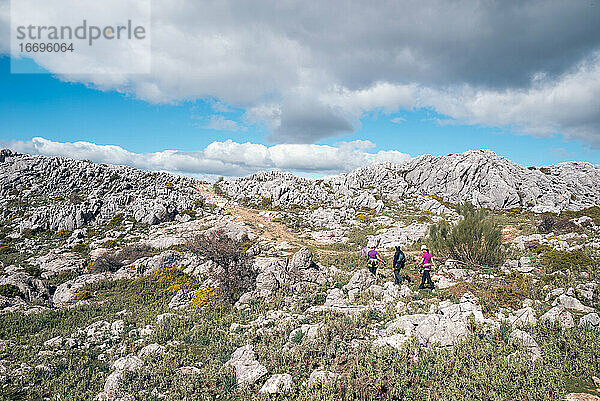 Konzept: Abenteuer. Drei Bergsteiger mit Helm und Klettergurt. Sie wandern in der Ebene auf dem Gipfel des Berges. Kalksteinfelsenlandschaft und niedrige Vegetation. Andalusien  Spanien.