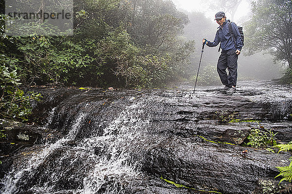 Frau erkundet kleinen Wasserfall im Nebel des Hochlands von Sri Lanka