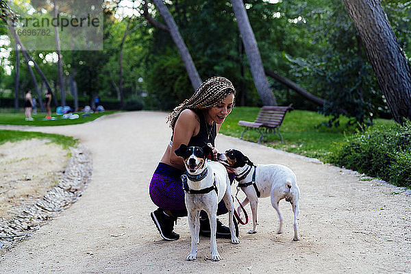 Frau mit Zöpfen spielt mit ihren Hunden im Park