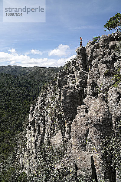 Eine Frau steht auf einer hohen Felsformation und beobachtet die Landschaft