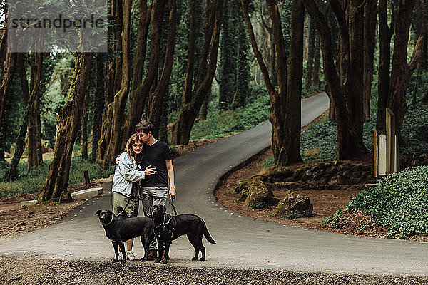 Paar  das sich umarmt  während es mit Hunden auf dem Waldweg steht