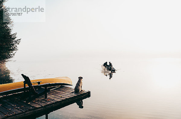 Zwei Personen in einem Fischerboot im Nebel mit einem Hund  der vom Steg aus zusieht.