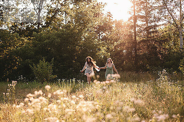 Glückliches lesbisches Paar hält Hände beim Laufen im Wald im Sommer